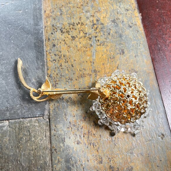 Vintage Coro Signed BIG 4.5" Flower Brooch Gold-tone Beads and Rhinestone - Picture 7 of 10